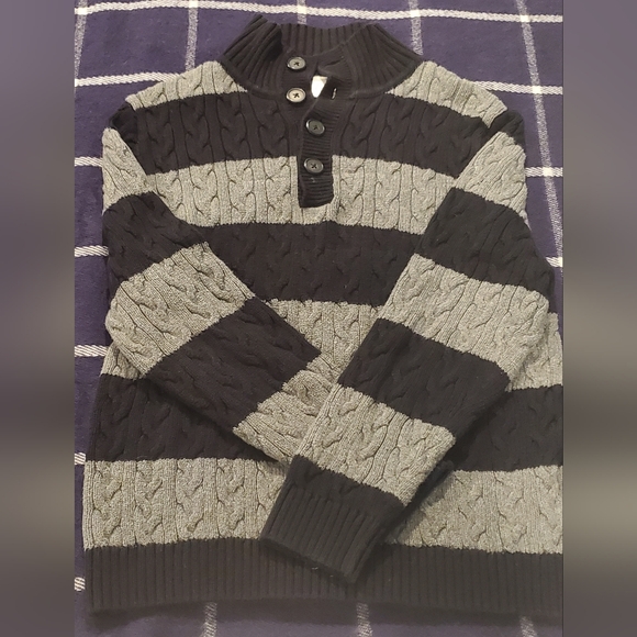 Hanna Andersson Boys Striped Pullover Button Sweater Black Gray Stripe 140 or 10 - Picture 4 of 6